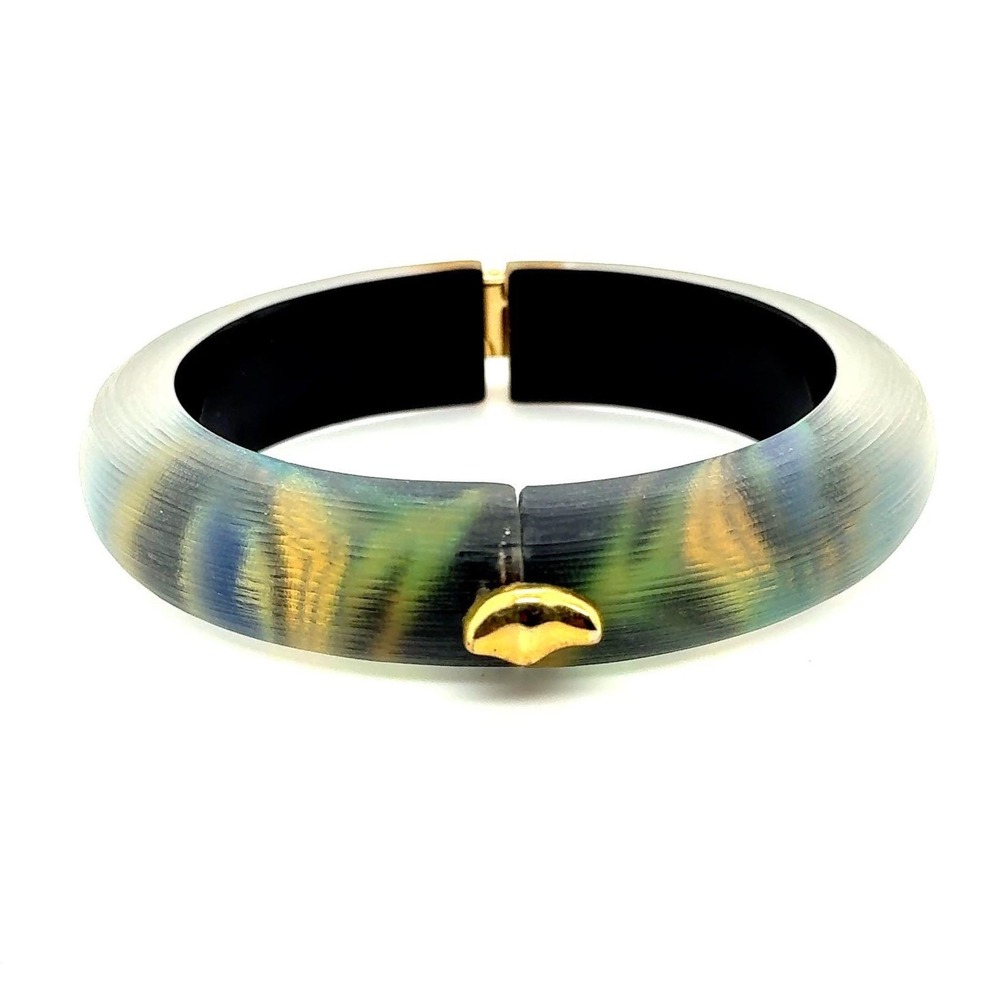Alexis Bittar Lucite Hinged Bangle Bracelet Hand Painted Blue Green Gold Tone